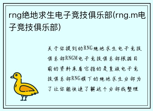 rng绝地求生电子竞技俱乐部(rng.m电子竞技俱乐部)